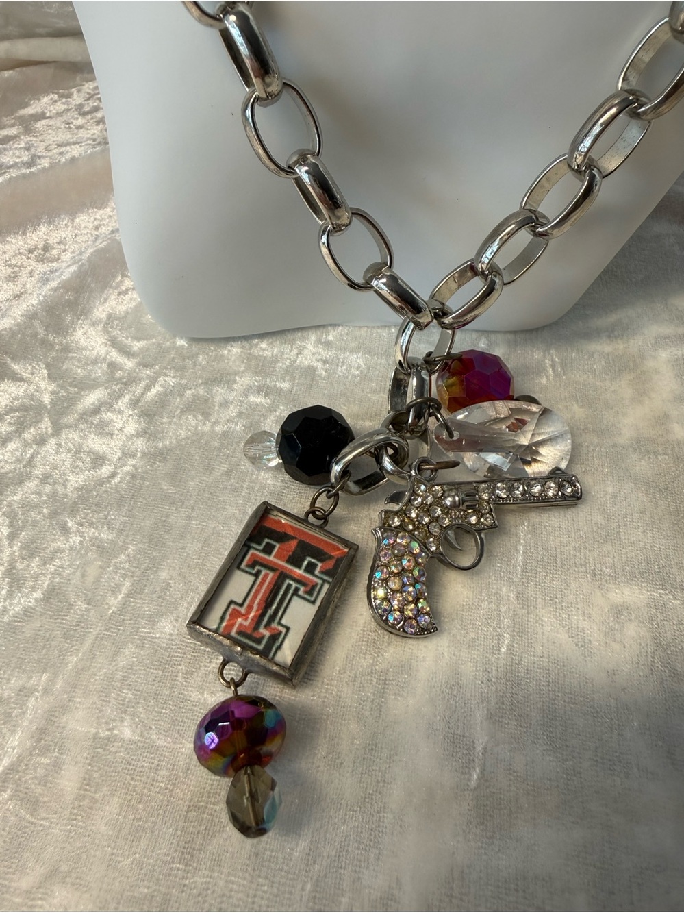 Chunky Texas Tech Silver Chain Charm Necklace with Crystal Pistol